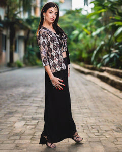 Fancy Silk Embroidered Black Floral Printed With Palazzo Pants Set