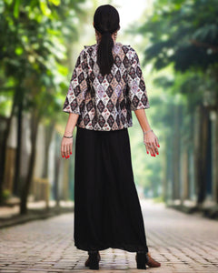 Fancy Silk Embroidered Black Floral Printed With Palazzo Pants Set