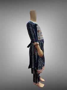 Cotton Embroidered / Floral Printed Space Blue & White Girl's Salwar Suit