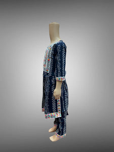 Cotton Embroidered / Floral Printed Space Blue & White Girl's Salwar Suit