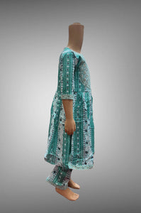 Cotton Embroidered / Floral Printed Sky Blue With Green & White Girl's Salwar Suit