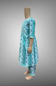 Cotton Embroidered / Floral Printed Sky Blue With Green & White Girl's Salwar Suit