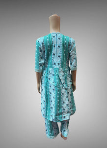 Cotton Embroidered / Floral Printed Sky Blue With Green & White Girl's Salwar Suit