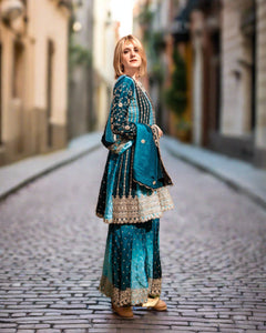 Fancy Silk Heavy Embroidered Shaded Dark & Light Peacock Blue Sharara Pants Suit