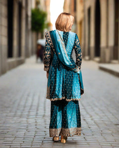 Fancy Silk Heavy Embroidered Shaded Dark & Light Peacock Blue Sharara Pants Suit