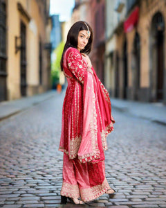 Fancy Silk Heavy Embroidered Shaded Watermelon Pink & Dark Burgundy Sharara Pants Suit