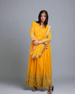 Silk Georgette Embroidered Honey Yellow Anarkali / Gown