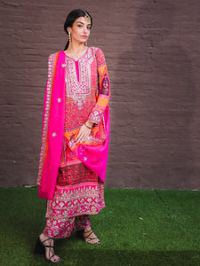 Fancy Silk Georgette Embroidered Fuchsia And Pumpkin Orange Palazzo Suit