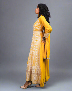 Silk Georgette Embroidered Golden Rod Yellow Anarkali /  Gown With Belt