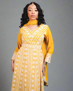 Silk Georgette Embroidered Golden Rod Yellow Anarkali /  Gown With Belt