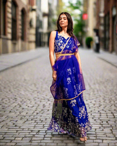 Silk Georgette Embroidered Persian Blue Lehenga Set