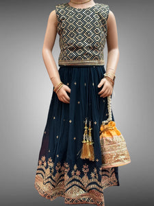 Silk  Georgette Embroidered Peacock blue Children Lehenga Set