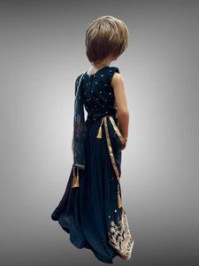 Silk  Georgette Embroidered Peacock blue Children Lehenga Set