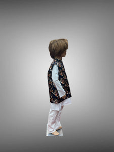 Silk Navy Blue Floral Printed Kids Vest