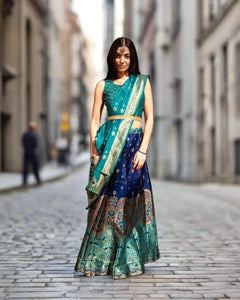 Banarasi Silk Brocade Deep Indigo Blue With Teal Green Lehenga Set