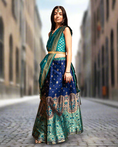 Banarasi Silk Brocade Deep Indigo Blue With Teal Green Lehenga Set