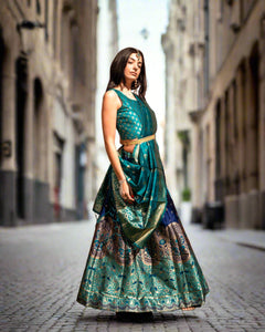 Banarasi Silk Brocade Deep Indigo Blue With Teal Green Lehenga Set