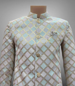 Silk Diamond Shaped Printed Millennial Pink & Mint Green Short Jacket / Bandhgala