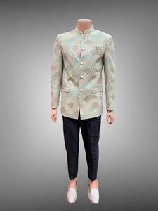 Silk Self Printed Pastel Olive Green Short Jacket / Bandhgala