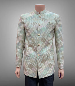 Silk Self Printed Pastel Olive Green Short Jacket / Bandhgala