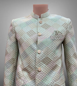 Silk Self Printed Pastel Olive Green Short Jacket / Bandhgala