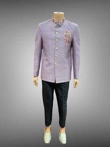 Silk Embroidered African Violet Men's Short Jacket / Bandhgala