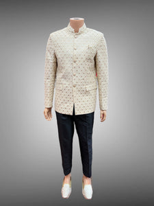 Silk Embroidered Cream Beige Short Jacket / Bandhgala