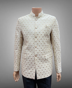 Silk Embroidered Cream Beige Short Jacket / Bandhgala