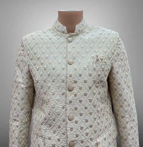 Silk Embroidered Cream Beige Short Jacket / Bandhgala