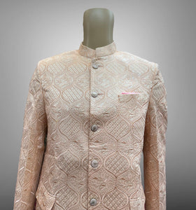 Silk Embroidered Creamy Peach Short Jacket / Bandhgala