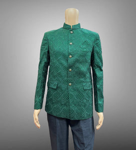 Silk Embroidered Dark Green Short Jacket / Bandhgala