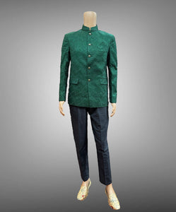 Silk Embroidered Dark Green Short Jacket / Bandhgala