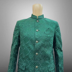 Silk Embroidered Dark Green Short Jacket / Bandhgala