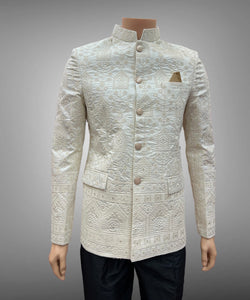 Silk Embroidered Eggshell White Short Jacket / Bandhgala