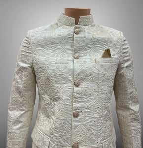 Silk Embroidered Eggshell White Short Jacket / Bandhgala