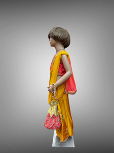 Silk Embroidered Golden Yellow & Contrast Iridescent Georgia Peach Crop Top Children Lehenga Set