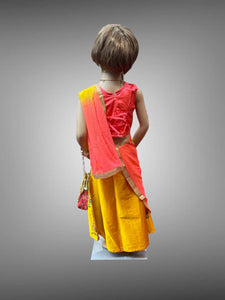 Silk Embroidered Golden Yellow & Contrast Iridescent Georgia Peach Crop Top Children Lehenga Set