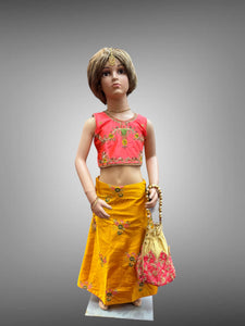 Silk Embroidered Golden Yellow & Contrast Iridescent Georgia Peach Crop Top Children Lehenga Set