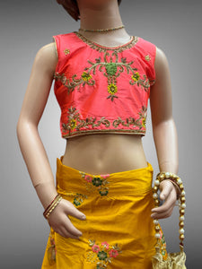 Silk Embroidered Golden Yellow & Contrast Iridescent Georgia Peach Crop Top Children Lehenga Set