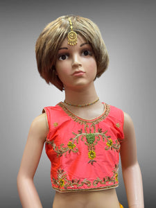 Silk Embroidered Golden Yellow & Contrast Iridescent Georgia Peach Crop Top Children Lehenga Set