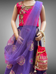 Silk Embroidered Grape Violet & Iridescent Dark Hot Pink Children Lehenga Set