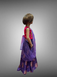 Silk Embroidered Grape Violet & Iridescent Dark Hot Pink Children Lehenga Set