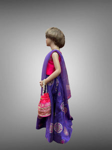 Silk Embroidered Grape Violet & Iridescent Dark Hot Pink Children Lehenga Set