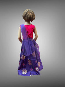 Silk Embroidered Grape Violet & Iridescent Dark Hot Pink Children Lehenga Set