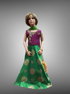 Silk Embroidered Green & Dark Purple Children Lehenga Set