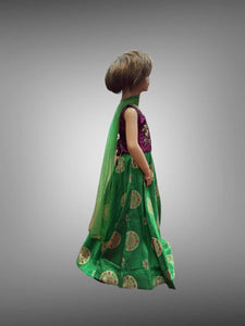 Silk Embroidered Green & Dark Purple Children Lehenga Set