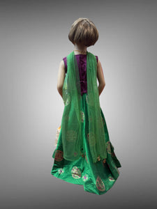 Silk Embroidered Green & Dark Purple Children Lehenga Set