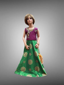 Silk Embroidered Green & Dark Purple Children Lehenga Set