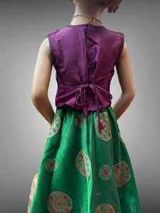 Silk Embroidered Green & Dark Purple Children Lehenga Set