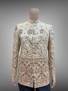 Silk Embroidered Light Gold Short Jacket / Bandhgala